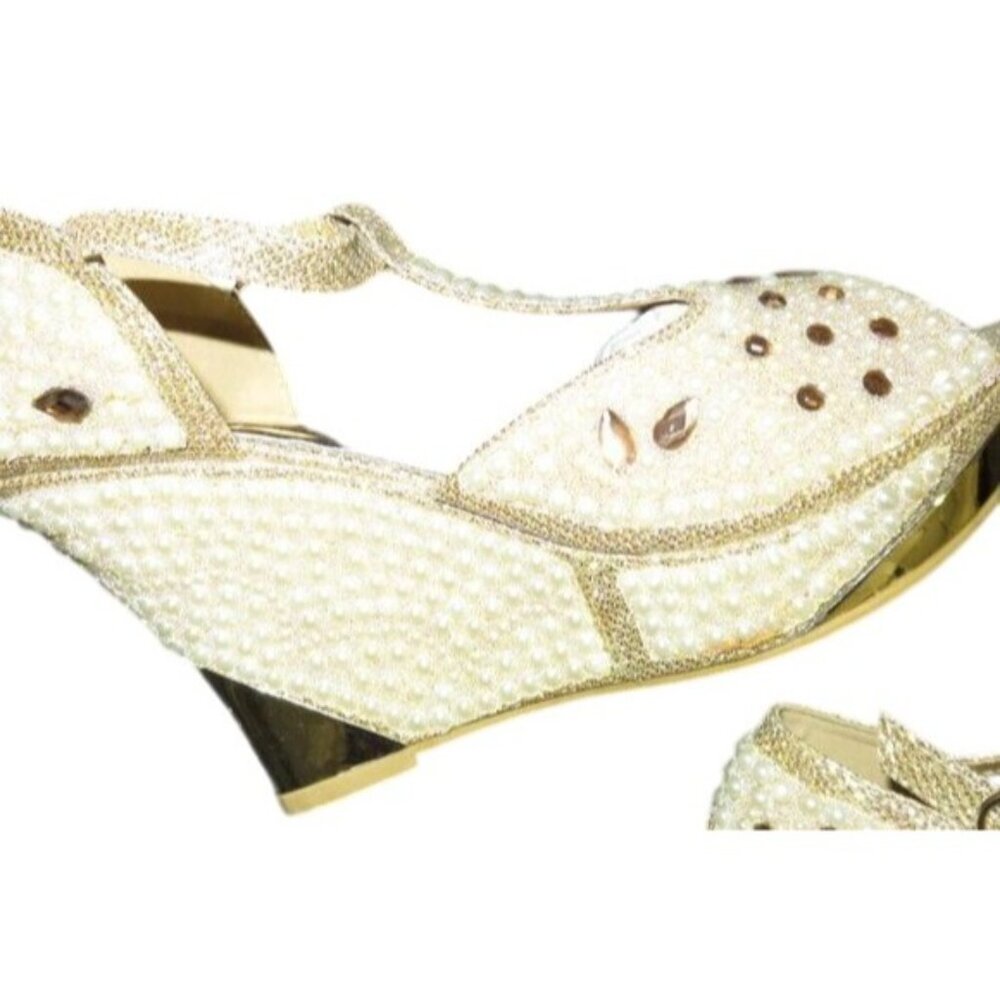 Rhinestone Pearl Embellished Metallic Gold Platform T strap Wedges sz 38 - Picture 7 of 10